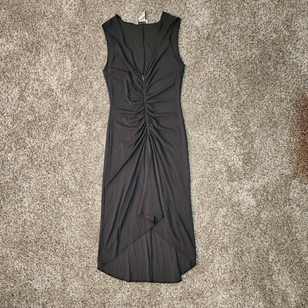 Celine Sable/Gray Ruched Deep V/ Zip Front Dress, Sz 40 - Picture 2 of 16